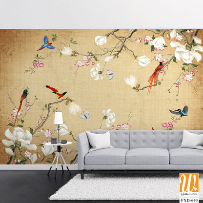 Delicate painting of magnolia flowers, colorful birds, and butterflies Wallpaper [WP-FXD-640]