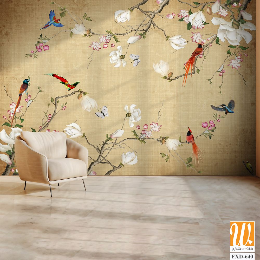 Delicate painting of magnolia flowers, colorful birds, and butterflies Wallpaper [WP-FXD-640]