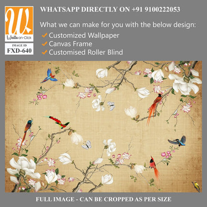 Delicate painting of magnolia flowers, colorful birds, and butterflies Wallpaper [WP-FXD-640]