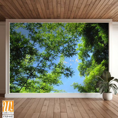 Bamboo forest canopy, with birds flying Wallpaper [WP-FXD-642]