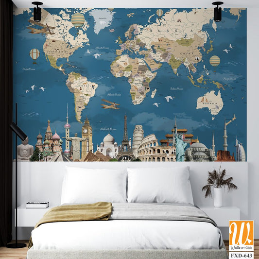 World map with famous landmarks and artwork Wallpaper [WP-FXD-643]