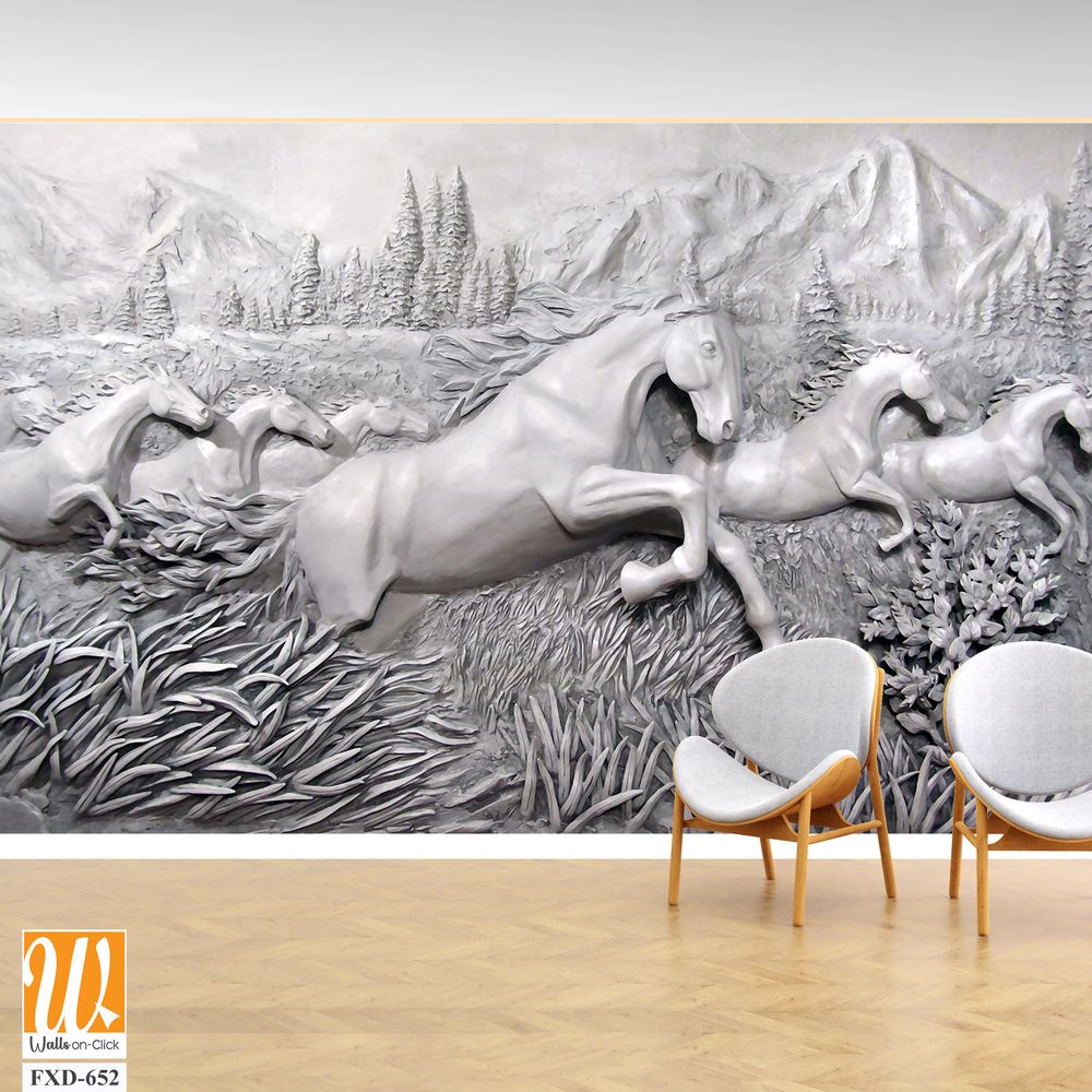 3D relief, 7 horses running in the mountains Wallpaper [WP-FXD-652]