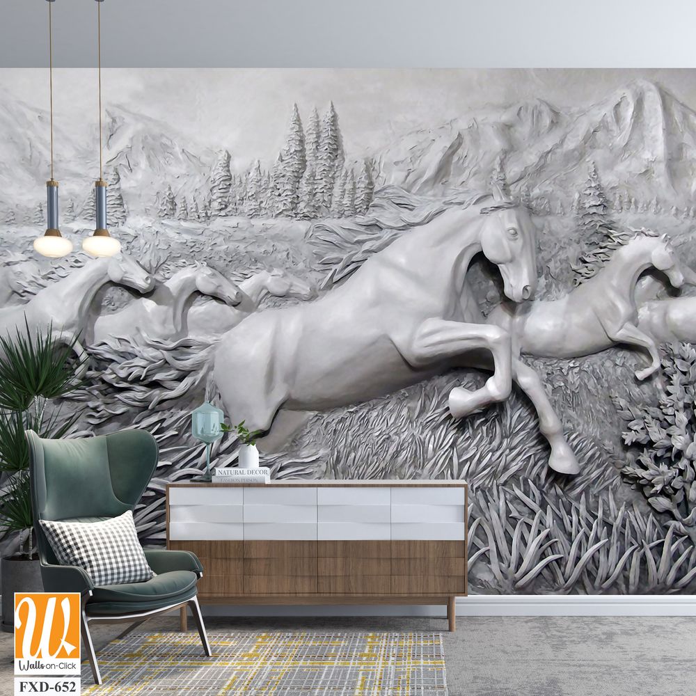 3D relief, 7 horses running in the mountains Wallpaper [WP-FXD-652]