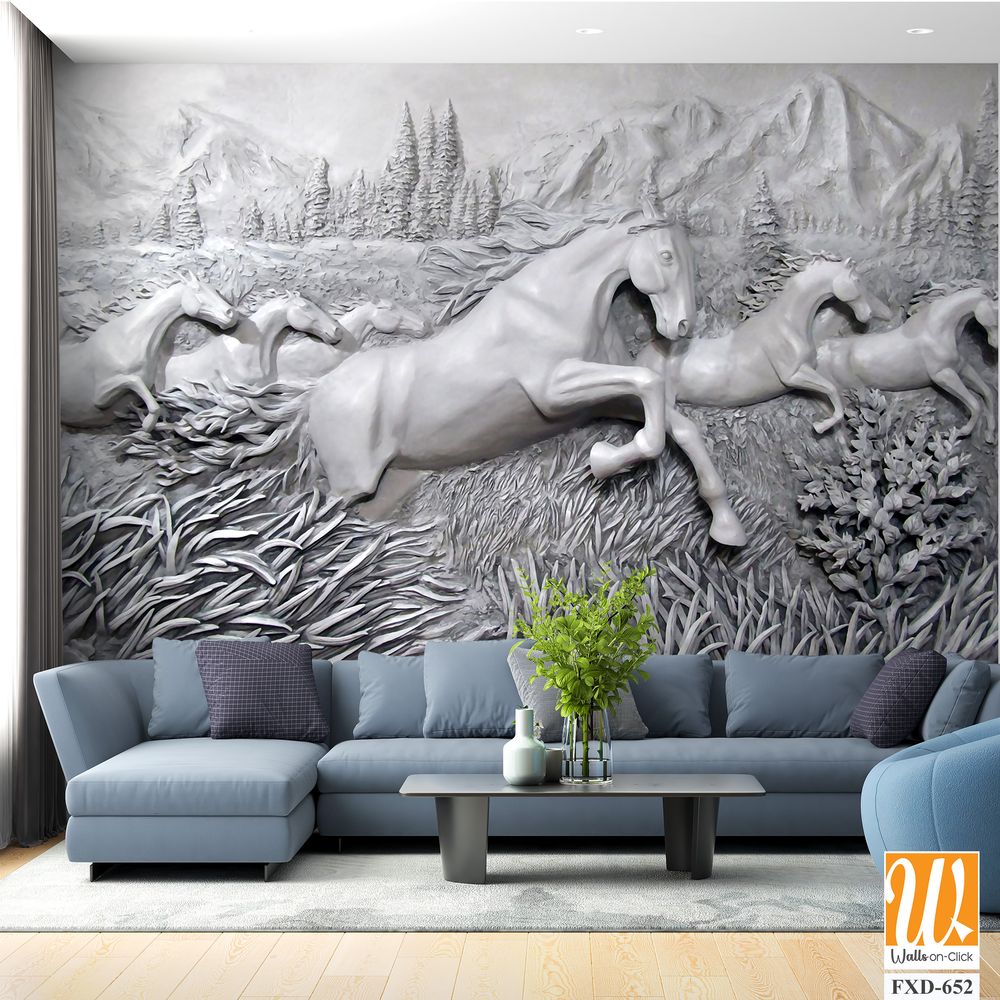 3D relief, 7 horses running in the mountains Wallpaper [WP-FXD-652]