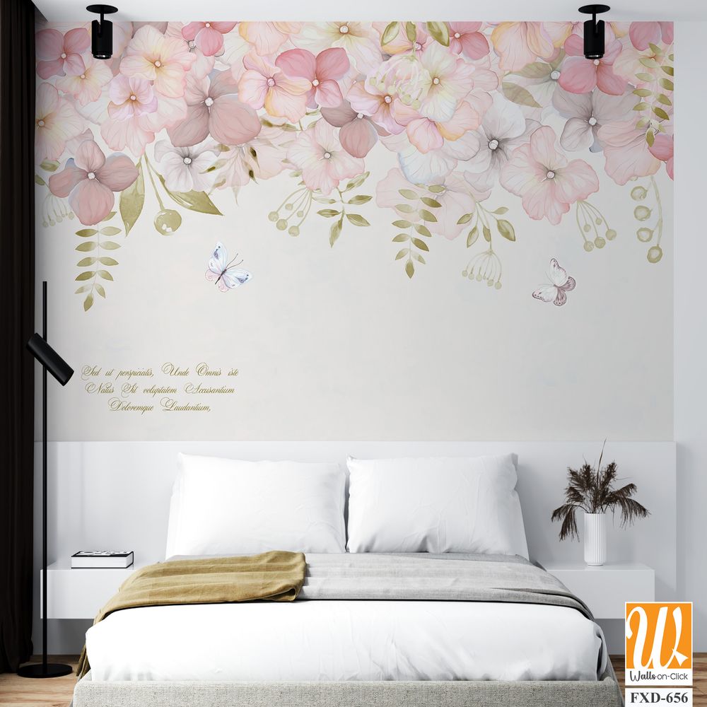 Art of pink and white flowers with butterflies Wallpaper [WP-FXD-656]