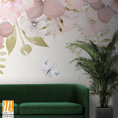 Art of pink and white flowers with butterflies Wallpaper [WP-FXD-656]