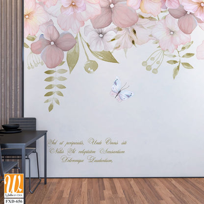 Art of pink and white flowers with butterflies Wallpaper [WP-FXD-656]