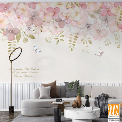 Art of pink and white flowers with butterflies Wallpaper [WP-FXD-656]