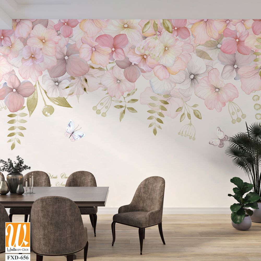 Art of pink and white flowers with butterflies Wallpaper [WP-FXD-656]