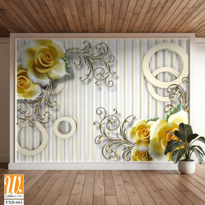 3D yellow roses and silver circles on a striped background Wallpaper [WP-FXD-663]