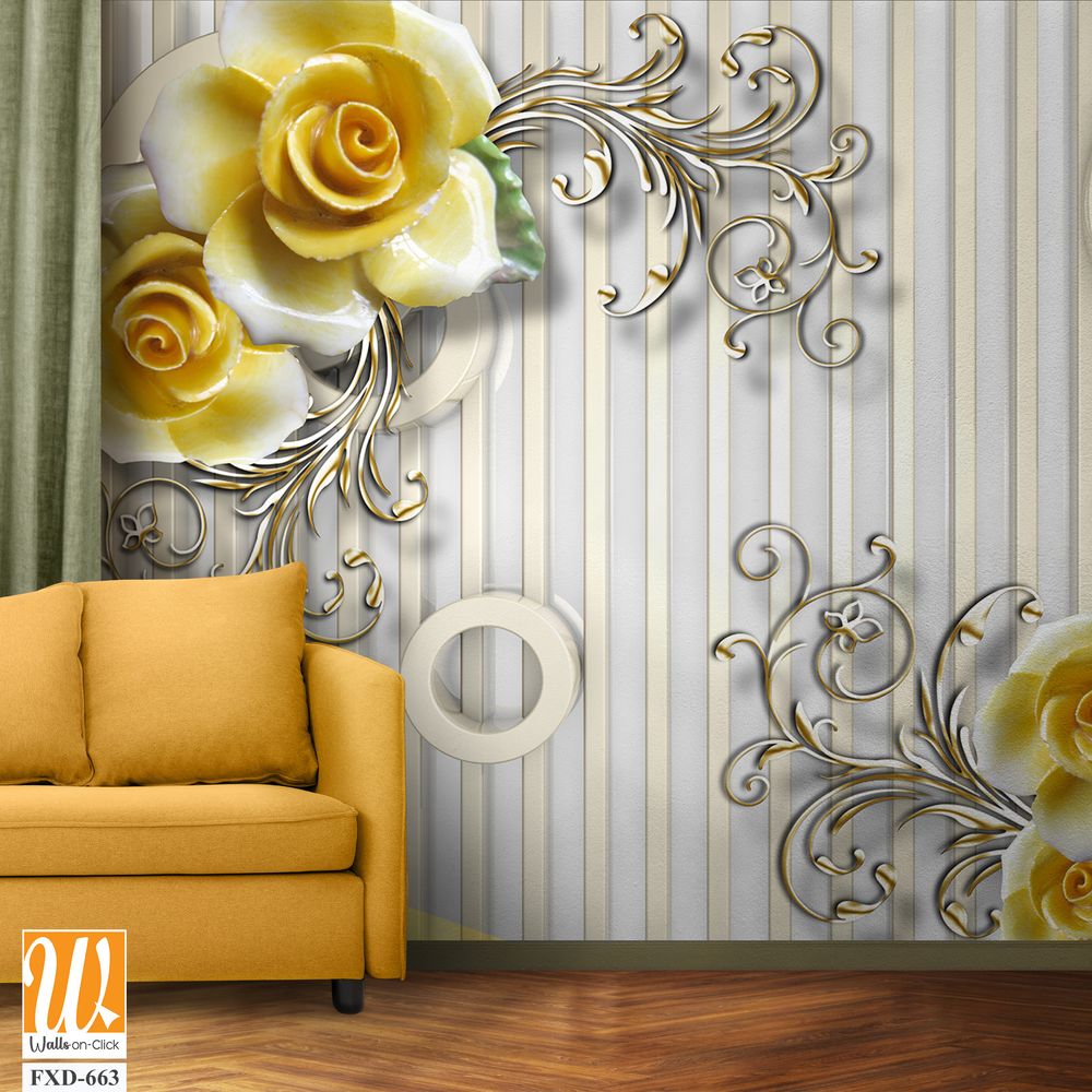 3D yellow roses and silver circles on a striped background Wallpaper [WP-FXD-663]