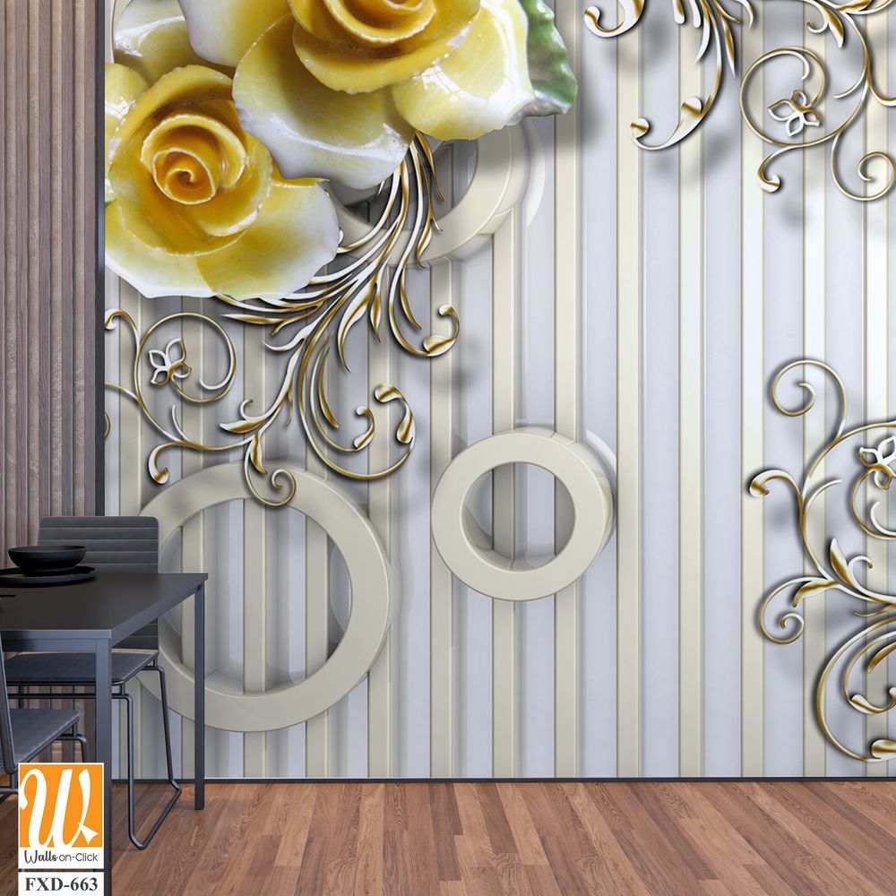 3D yellow roses and silver circles on a striped background Wallpaper [WP-FXD-663]