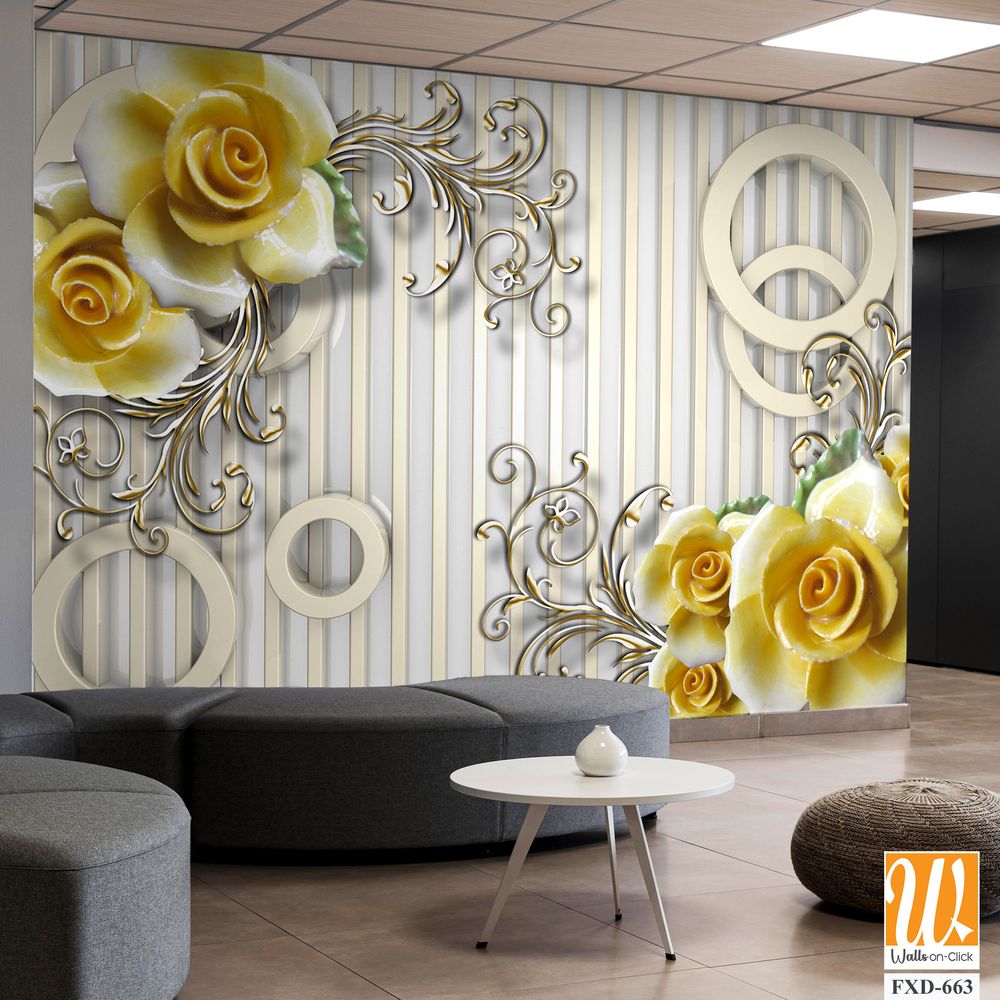 3D yellow roses and silver circles on a striped background Wallpaper [WP-FXD-663]