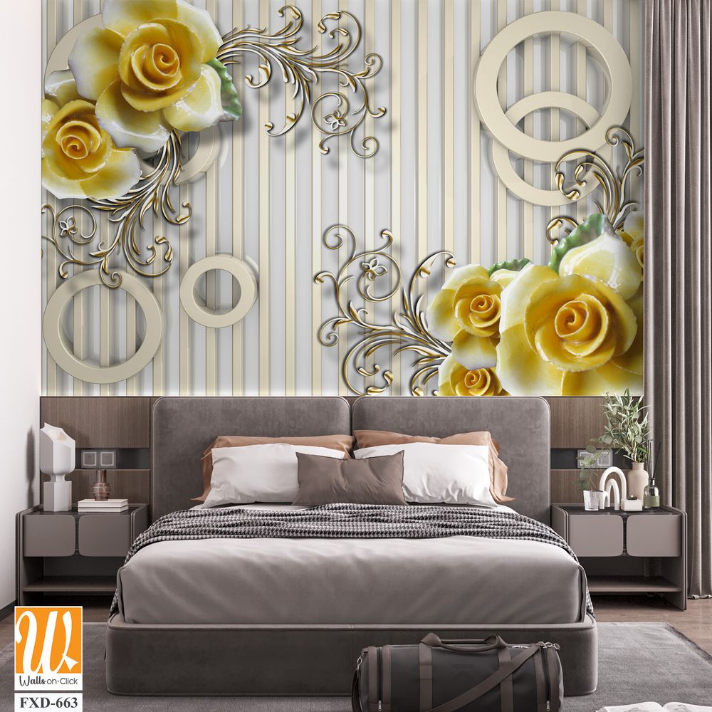 3D yellow roses and silver circles on a striped background Wallpaper [WP-FXD-663]