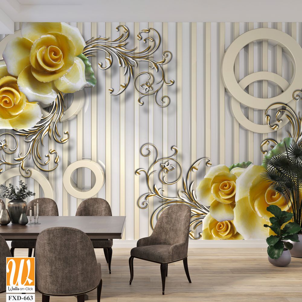 3D yellow roses and silver circles on a striped background Wallpaper [WP-FXD-663]