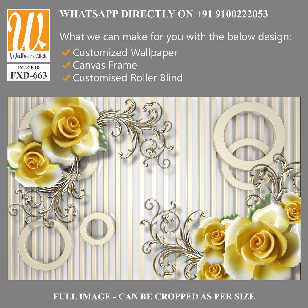 3D yellow roses and silver circles on a striped background Wallpaper [WP-FXD-663]