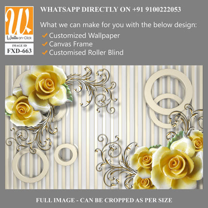 3D yellow roses and silver circles on a striped background Wallpaper [WP-FXD-663]