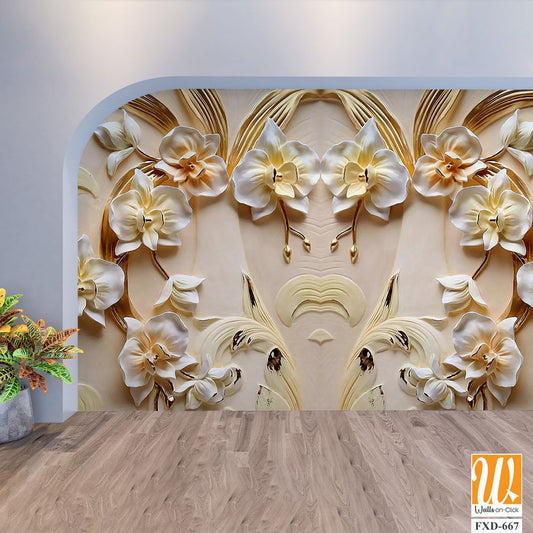 3D golden orchid flowers and leaves pattern Wallpaper [WP-FXD-667]