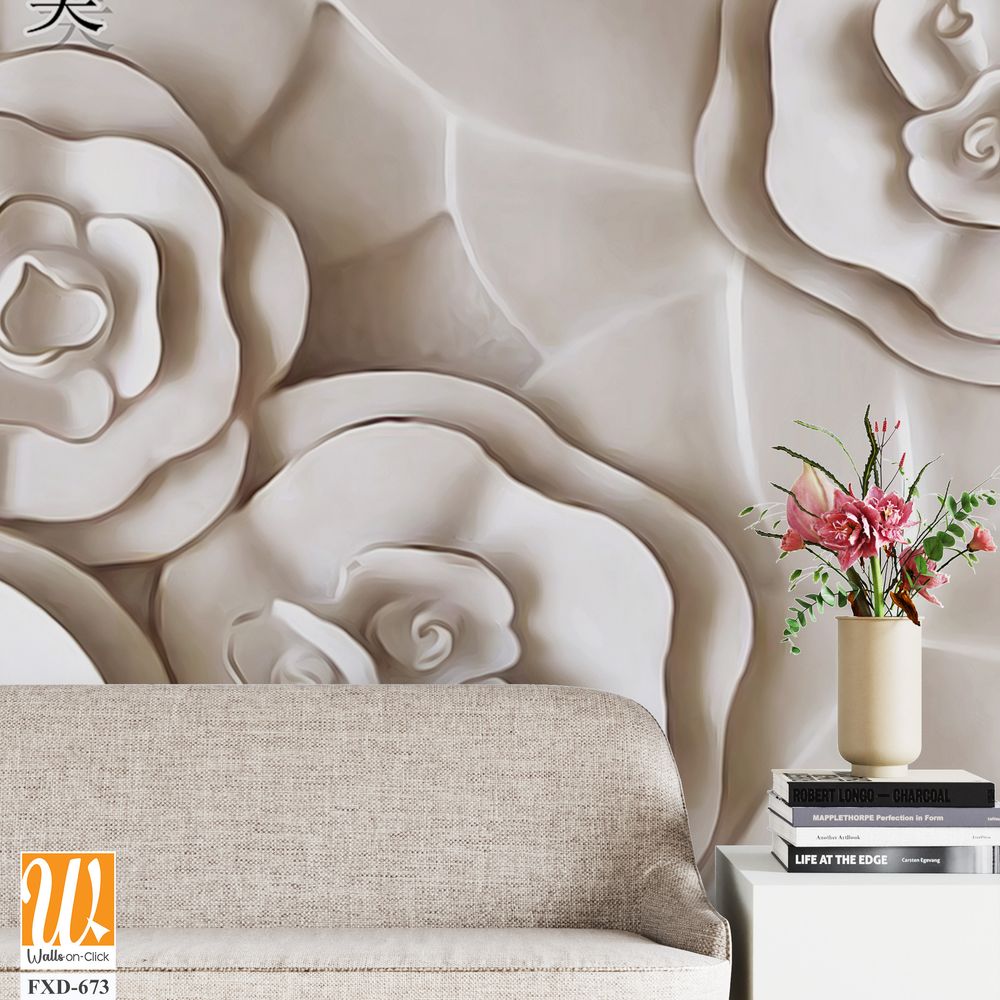 3D white flowers on a white background Wallpaper [WP-FXD-673]