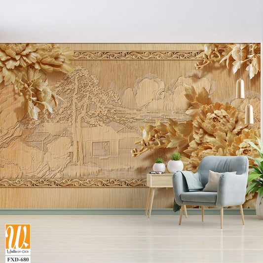 Golden wood carving wall background with peonies Wallpaper [WP-FXD-680]