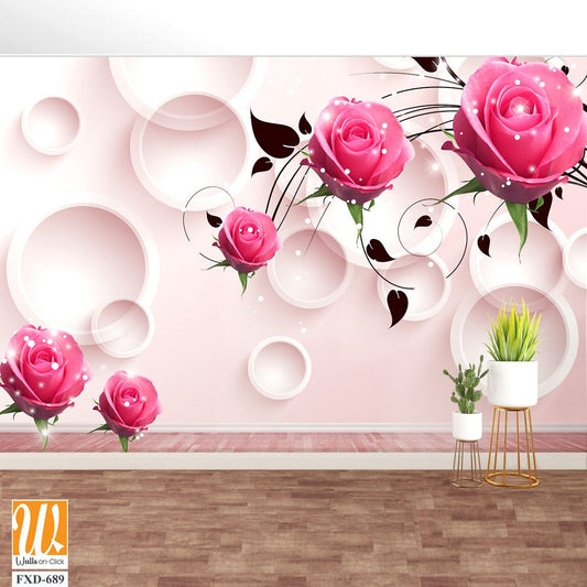 3D modern pink roses with white circles Wallpaper [WP-FXD-689]