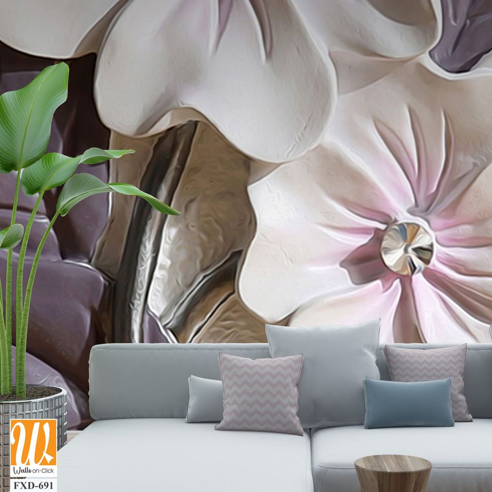 3D white relief wall with purple and pink flowers [WP-FXD-691]