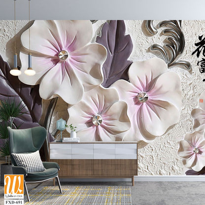 3D white relief wall with purple and pink flowers [WP-FXD-691]