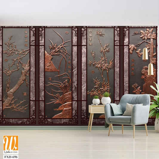 Copper windows with relief carvings of bamboo and plum blossoms Wallpaper [WP-FXD-696]