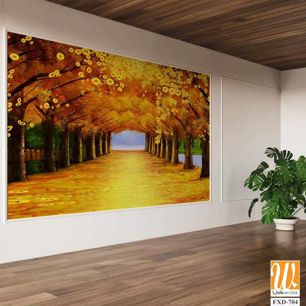 Oil painting, tree tunnel of autumn with yellow leaves Wallpaper [WP-FXD-704]