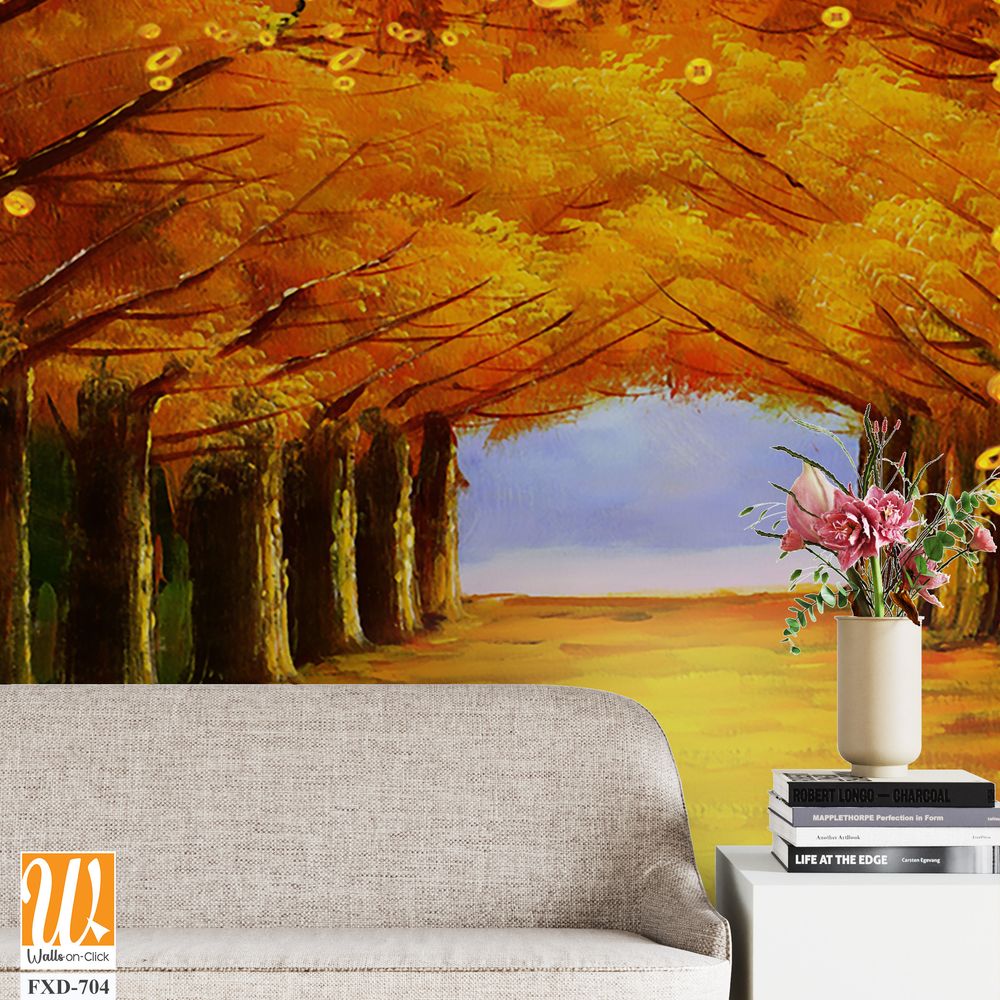 Oil painting, tree tunnel of autumn with yellow leaves Wallpaper [WP-FXD-704]