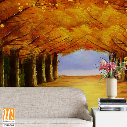 Oil painting, tree tunnel of autumn with yellow leaves Wallpaper [WP-FXD-704]