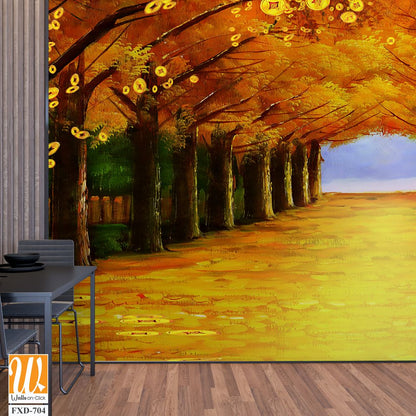 Oil painting, tree tunnel of autumn with yellow leaves Wallpaper [WP-FXD-704]