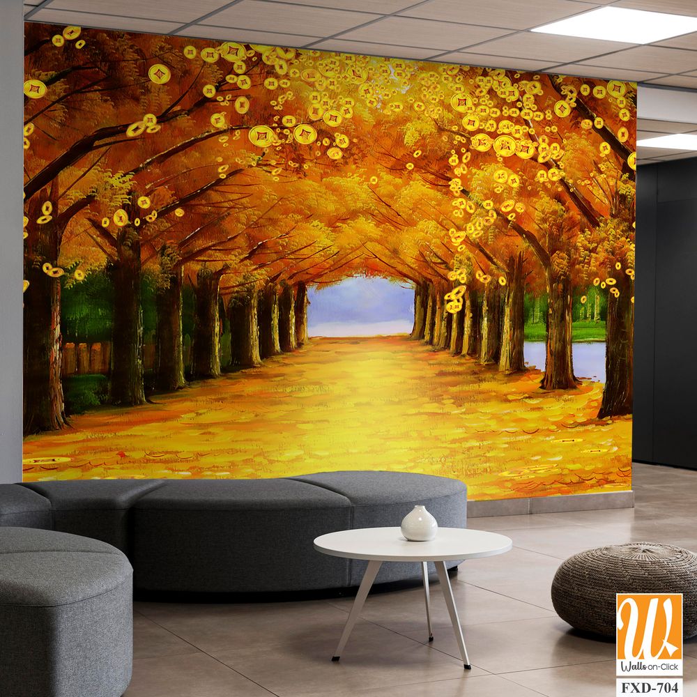 Oil painting, tree tunnel of autumn with yellow leaves Wallpaper [WP-FXD-704]