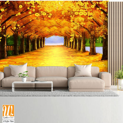 Oil painting, tree tunnel of autumn with yellow leaves Wallpaper [WP-FXD-704]