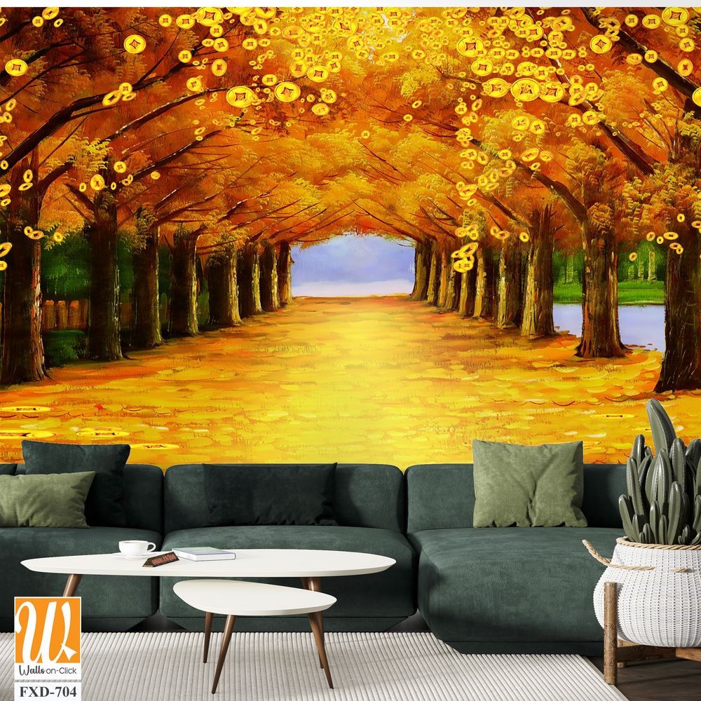 Oil painting, tree tunnel of autumn with yellow leaves Wallpaper [WP-FXD-704]