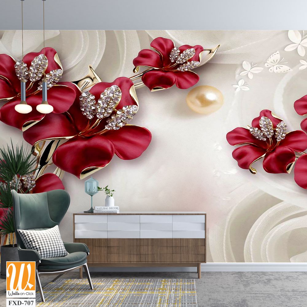 Red velvet flowers with pearls and diamonds Wallpaper [WP-FXD-707]