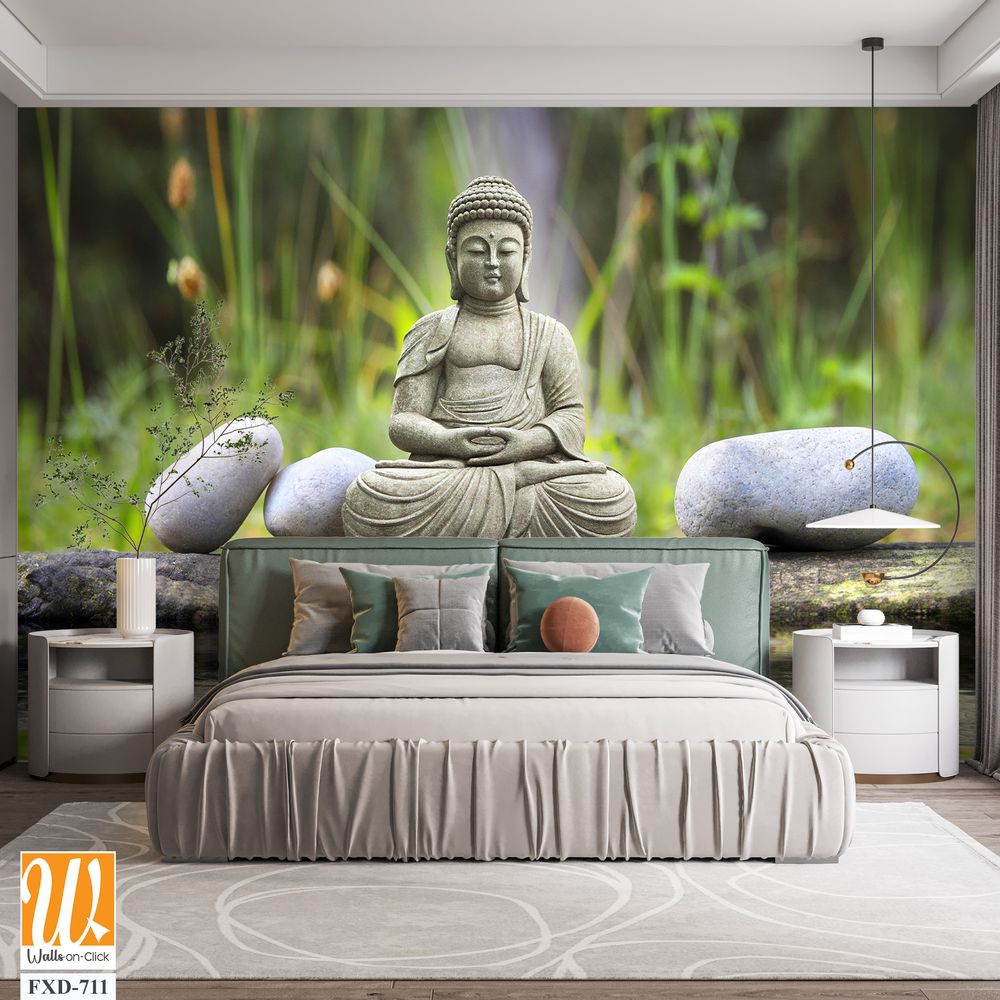 Serene Buddha statue sitting on the edge of a pond [WP-FXD-711]