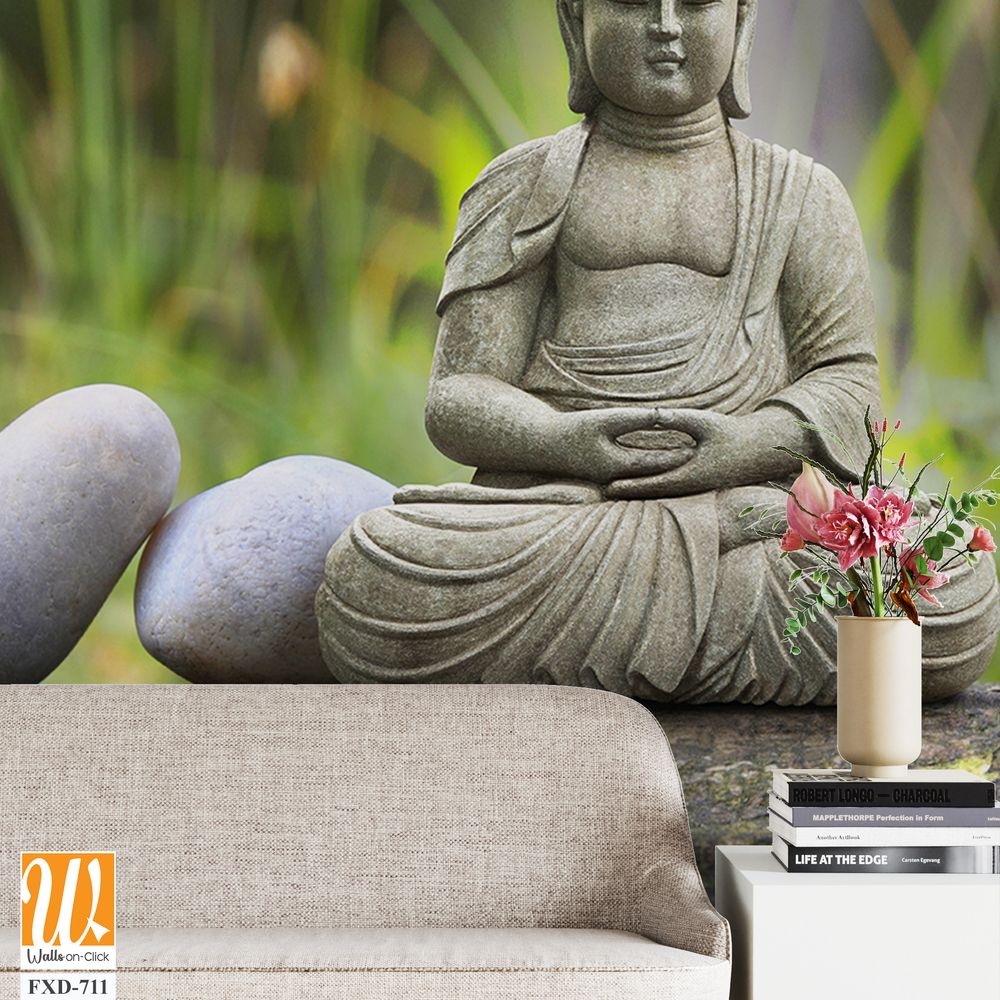 Serene Buddha statue sitting on the edge of a pond [WP-FXD-711]