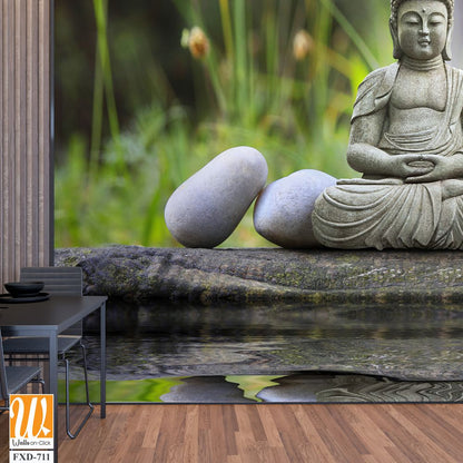 Serene Buddha statue sitting on the edge of a pond [WP-FXD-711]