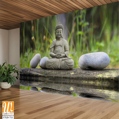 Serene Buddha statue sitting on the edge of a pond [WP-FXD-711]