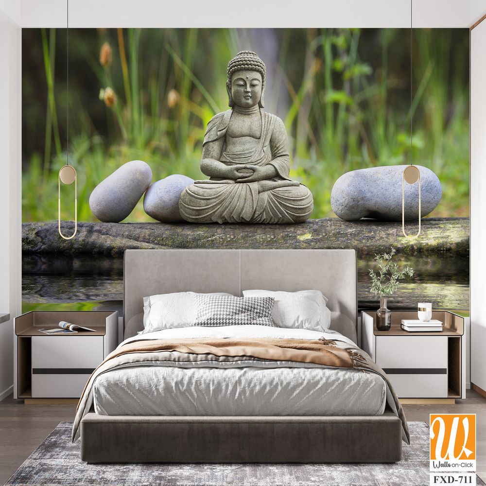 Serene Buddha statue sitting on the edge of a pond [WP-FXD-711]