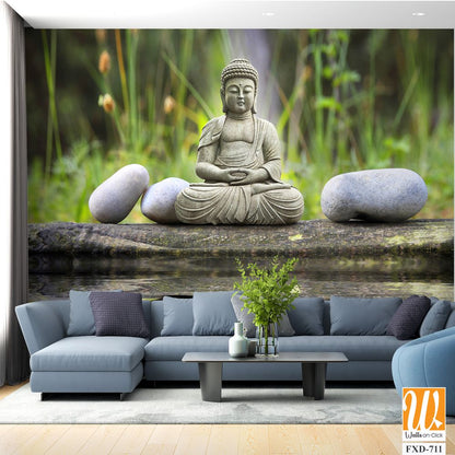 Serene Buddha statue sitting on the edge of a pond [WP-FXD-711]