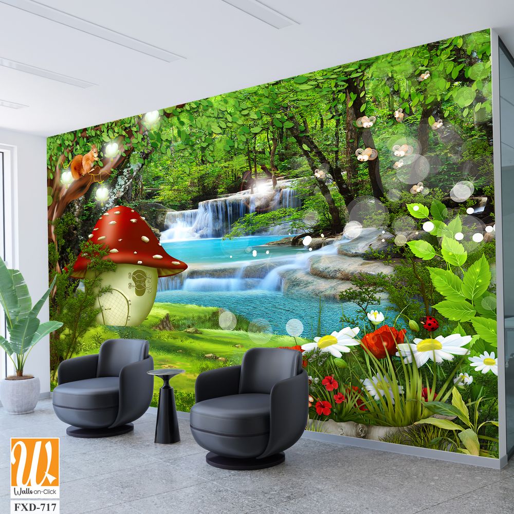 Kids mushroom house in a green forest with flowers and waterfalls Wallpaper [WP-FXD-717]