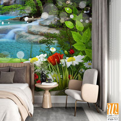 Kids mushroom house in a green forest with flowers and waterfalls Wallpaper [WP-FXD-717]