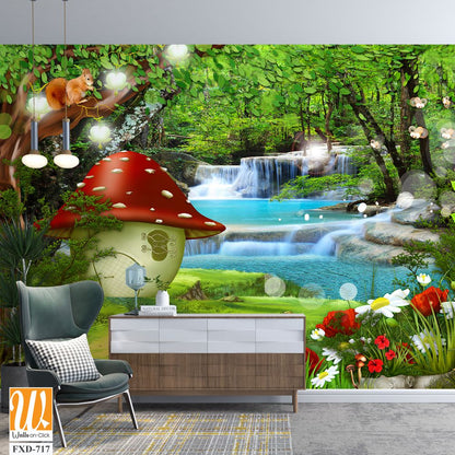 Kids mushroom house in a green forest with flowers and waterfalls Wallpaper [WP-FXD-717]