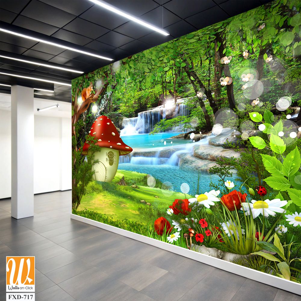 Kids mushroom house in a green forest with flowers and waterfalls Wallpaper [WP-FXD-717]