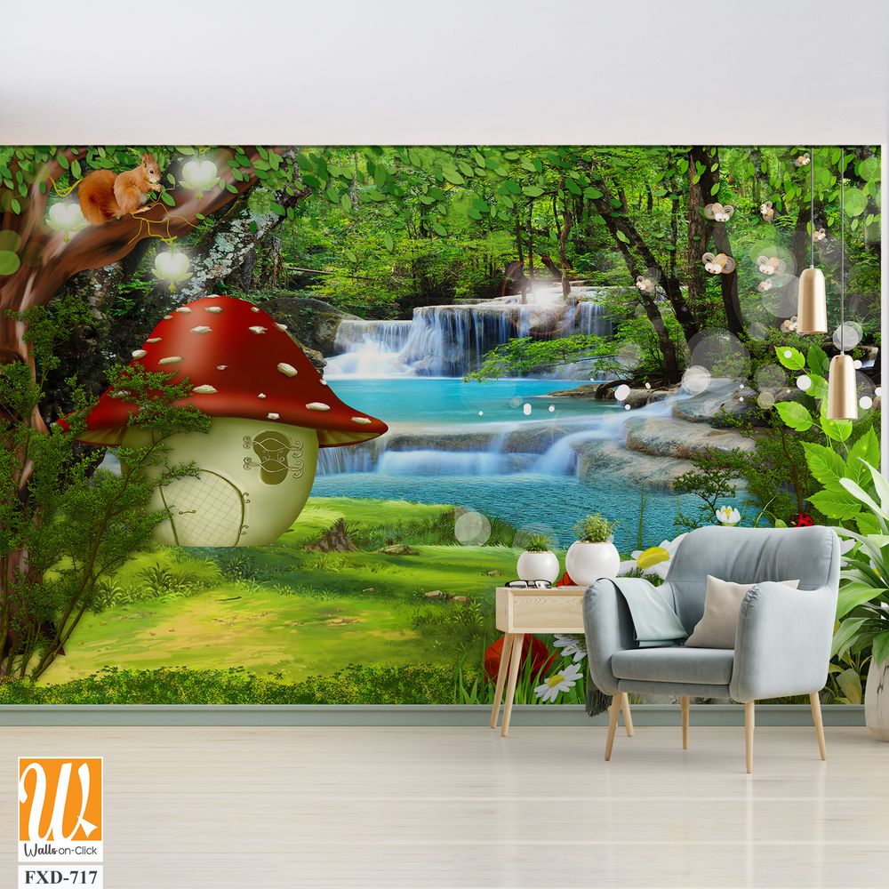 Kids mushroom house in a green forest with flowers and waterfalls Wallpaper [WP-FXD-717]