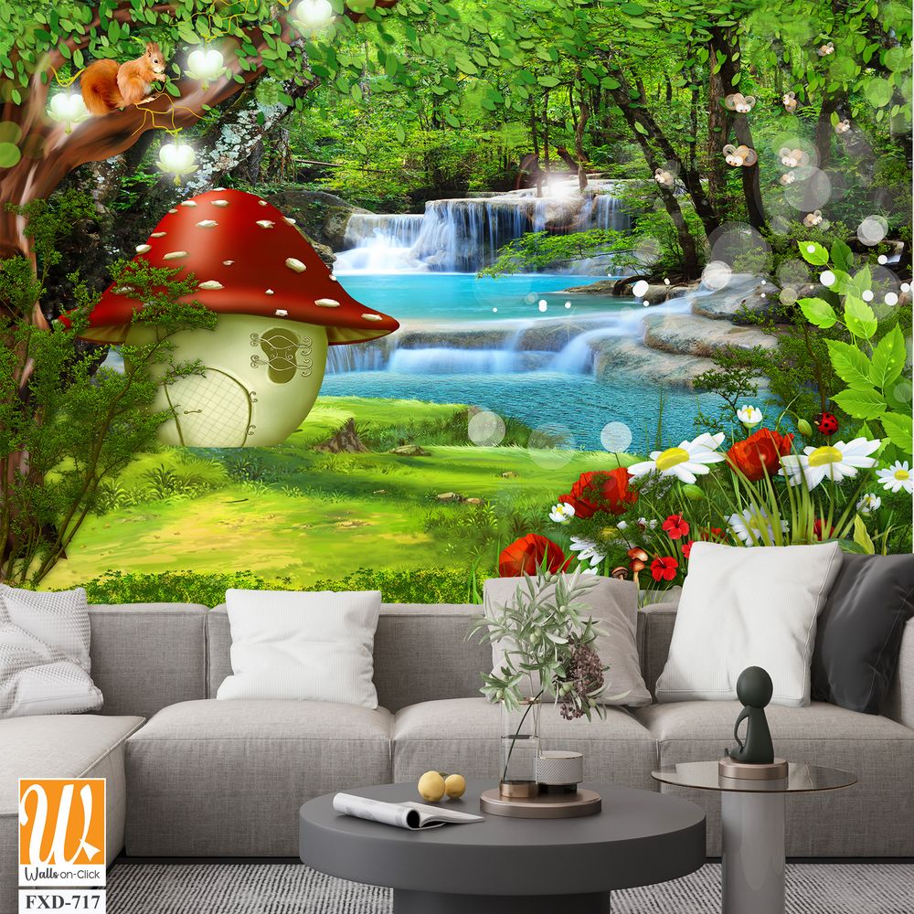 Kids mushroom house in a green forest with flowers and waterfalls Wallpaper [WP-FXD-717]