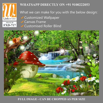 Kids mushroom house in a green forest with flowers and waterfalls Wallpaper [WP-FXD-717]