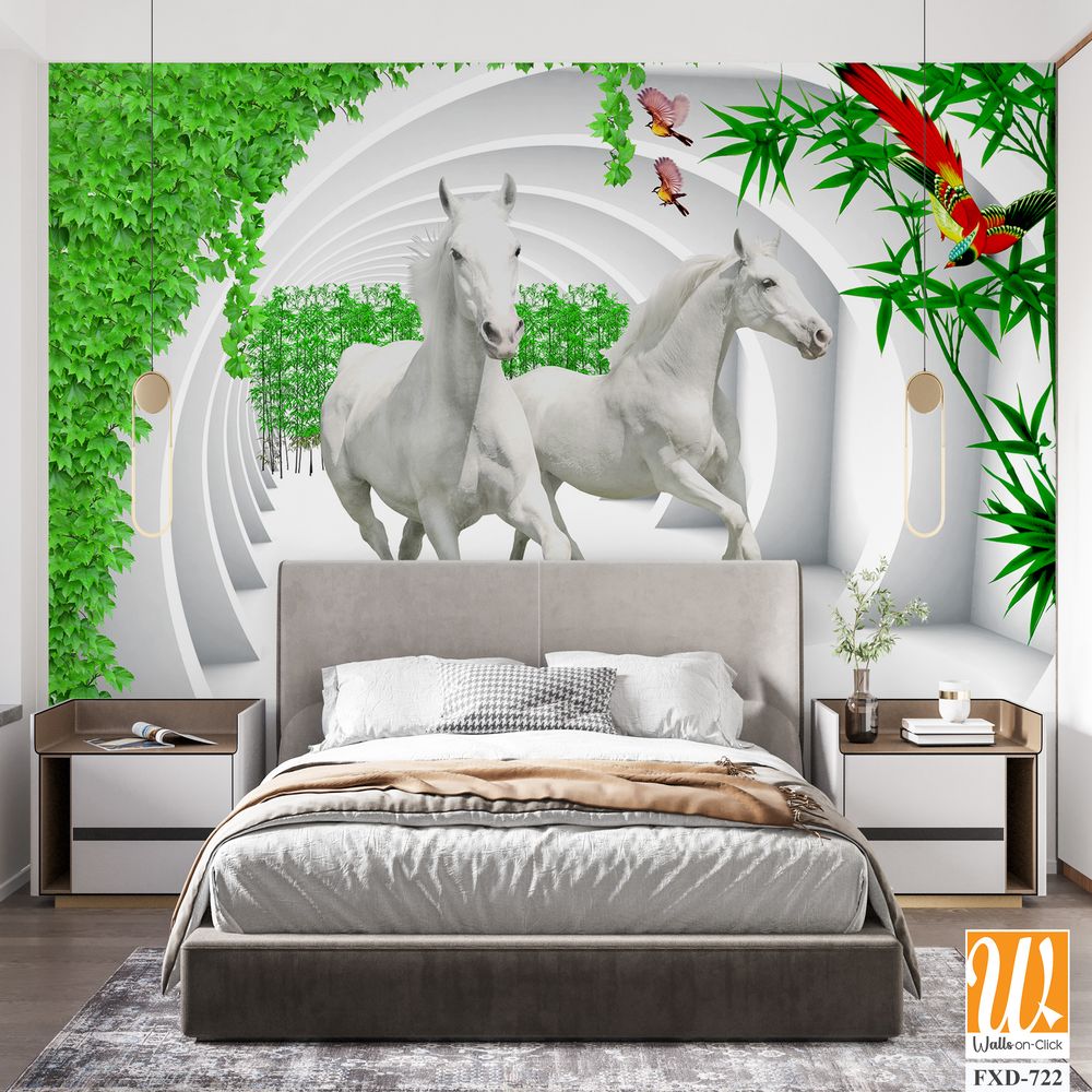 3D White Horse Wall Mural, [WP-FXD-722]